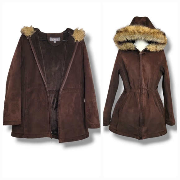 Liz Clairborne Thick Brown Hooded Faux Suede Fur Jacket Coat Size‎ Medium - Picture 1 of 11